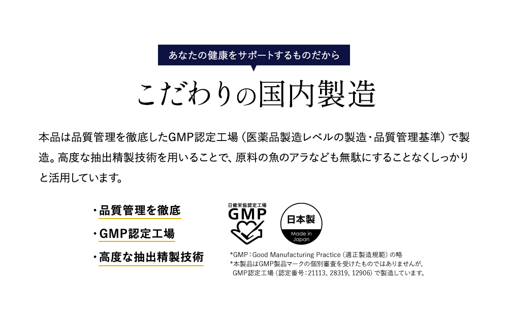 あなたの健康をサポートするものだから こだわりの国内製造 本品は、品質管理を徹底したGMP認定工場で製造しています。