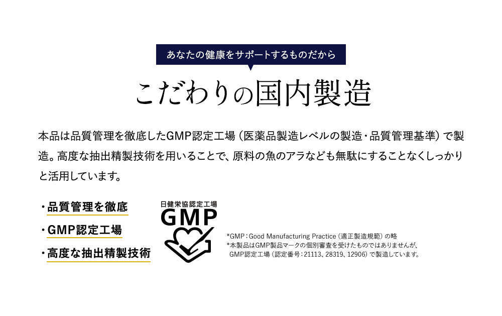 あなたの健康をサポートするものだから こだわりの国内製造 本品は、品質管理を徹底したGMP認定工場で製造しています。