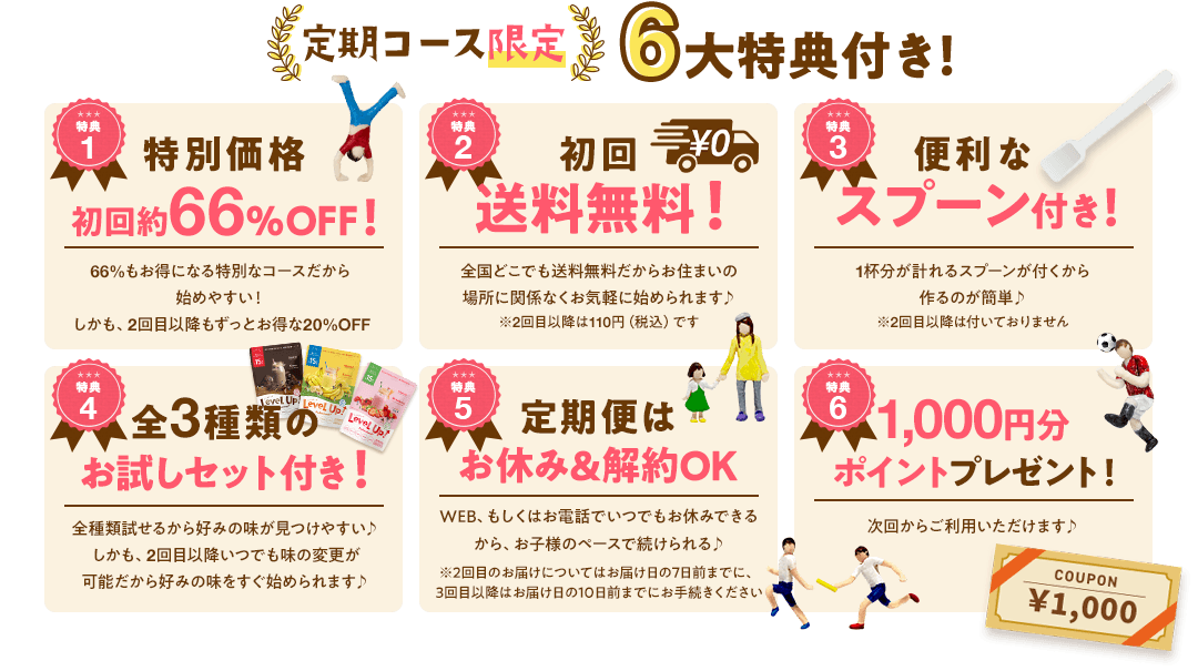 特典1 特別価格初回約66%off！ 約62%もお得になる特別なコースだから始めやすいしかも、2回目以降もずっとお得な20％OFF 特典2 初回送料無料！全国どこでも送料無料だから お住まいの場所に関係なくお気軽に始められます♪ ※2回目以降は110円（税込）です 特典3 便利なスプーン付き！ 1杯分が計れるスプーンが付くから作るのが簡単♪ ※2回目以降は付いておりません。 特典4 全3種類のお試しセット付き！ 全種類試せるから好みの味が見つけやすい♪ しかも、2回目以降いつでも味の変更が可能だから 好みの味をすぐ始められます♪ 特典5 定期便はお休み&解約OK WEB、もしくはお電話でいつでもお休みできるから、お子様のペースで続けられる♪ ※2回目のお届けについてはお届け日の7日前までに、3回目以降はお届け日の10日前までにお手続きください 特典6 1,000円分ポイントプレゼント！次回からご利用いただけます♪