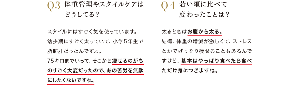 Q.体重管理やスタイルケアはどうしてる？ A.スタイルには気を使っています Q.若い頃に比べて変わったことは？ A.太るときはお腹から太る