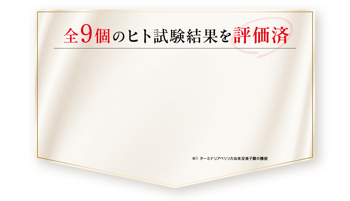 機能性関与成分のターミナリアベリリカ※1で 01肥満気味な方のおなかの脂肪 02肥満気味な方の内臓脂肪（おなかの脂肪） 03肥満気味な方の皮下脂肪（おなかの脂肪） 04肥満気味な方の体重 05肥満気味な方のBMI 06食後の血糖値※1 07食後の中性脂肪※1 08食後の尿酸値※1※2 8個の試験結果を公開！ ※1ターミナリアべリリカ由来没食子酸の機能 ※2尿酸値が高めの方の