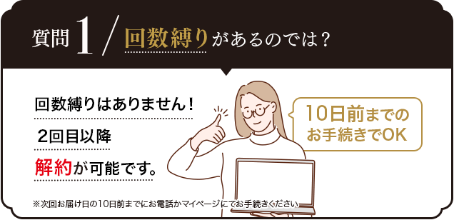 Q.定期コースは続けないといけないのでは？A.ご安心ください。お電話かマイページからお休み・解約が可能です。