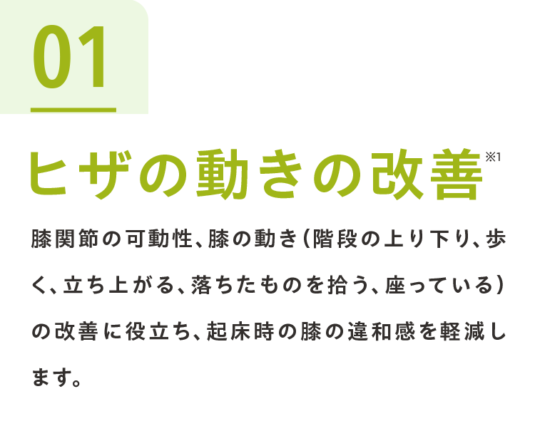 01ヒザの動きの改善 膝関節の可動性、膝の動き（階段の上り下り、歩く、立ち上がる、落ちたものを拾う、座っている）の改善に役立ち、起床時の膝の違和感を