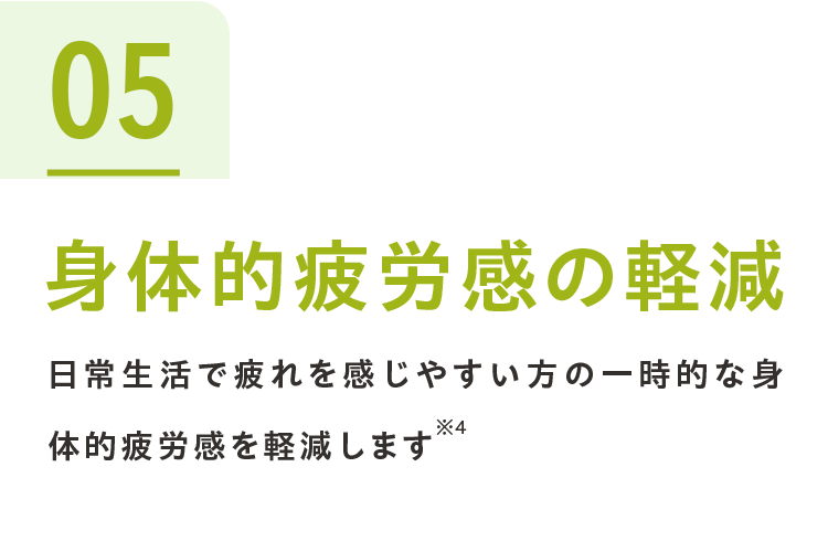 05身体的疲労感の軽減 日常生活で疲れを感じやすい方の一時的な身体的疲労感を軽減します※4