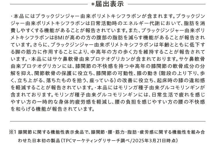・本品にはブラックジンジャー由来ポリメトキシフラボンが含まれます。ブラックジンジャー由来ポリメトキシフラボンは日常活動時のエネルギー代謝において、脂肪を消費しやすくする機能があることが報告されています。また、ブラックジンジャー由来ポリメトキシフラボンはBMIが高めの方の腹部の脂肪を減らす機能があることが報告されています。さらに、ブラックジンジャー由来ポリメトキシフラボンは年齢とともに低下する脚の筋力に作用することにより、中高年の方の歩く力を維持することが報告されています。・本品にはサケ鼻軟骨由来プロテオグリカンが含まれております。サケ鼻軟骨由来プロテオグリカンには、膝関節の不快感を持つ中高年の膝関節の軟骨成分の分解を抑え、関節軟骨の保護に役立ち、膝関節の可動性、膝の動き（階段の上り下り、歩く、立ち上がる、落ちたものを拾う、座っている）の改善に役立ち、起床時の膝の違和感を軽減することが報告されています。・本品にはモリンガ種子由来グルコモリンギンが含まれております。モリンガ種子由来グルコモリンギンには、日常生活で疲れを感じやすい方の一時的な身体的疲労感を軽減し、腰の負担を感じやすい方の腰の不快感を和らげる機能が報告されています。※1 膝関節に関する機能性表示食品で、膝関節・腰・筋力・脂肪・疲労感に関する機能性を組み合わせた日本初の製品（TPCマーケティングリサーチ調べ/2025年3月21日時点）
