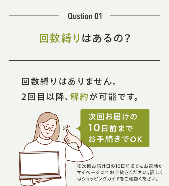 Qustion 01 回数縛りはあるの？回数縛りはありません。2回目以降、解約が可能です。7次回お届けの10日前までお手続きでOK