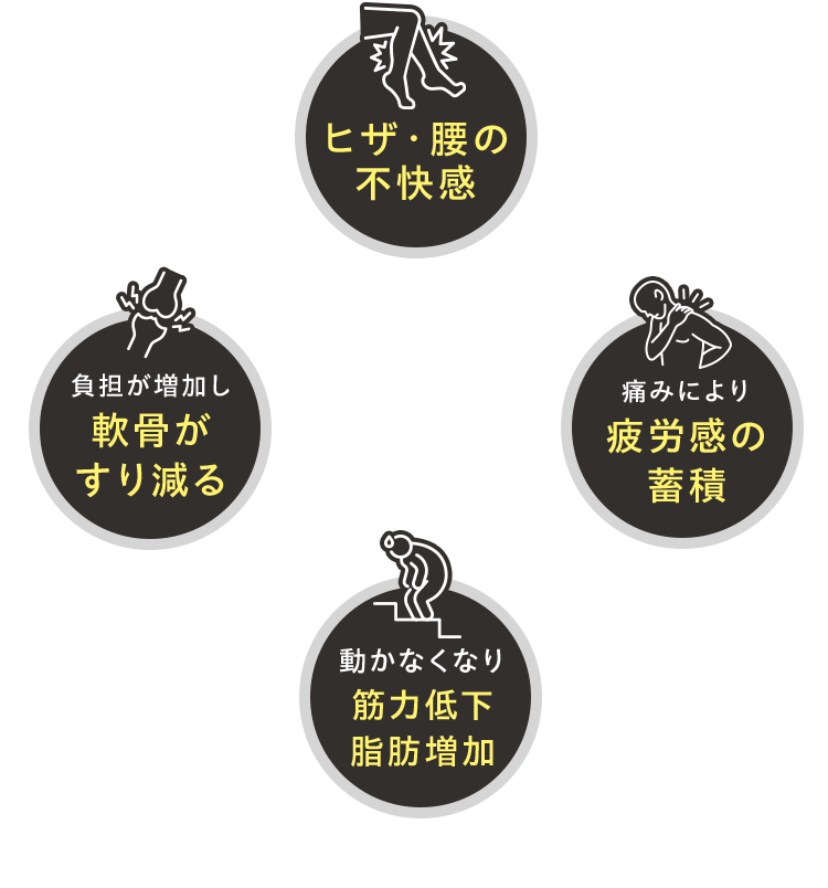 ヒザ・腰の 不快感、痛みにより疲労感の蓄積、動かなくなり筋力低下脂肪増加、負担が増加し軟骨がすり減る