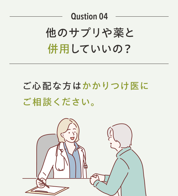 Qustion 04 他のサプリや薬と併用していいの？ご心配の方はかかりつけ医にご相談ください。