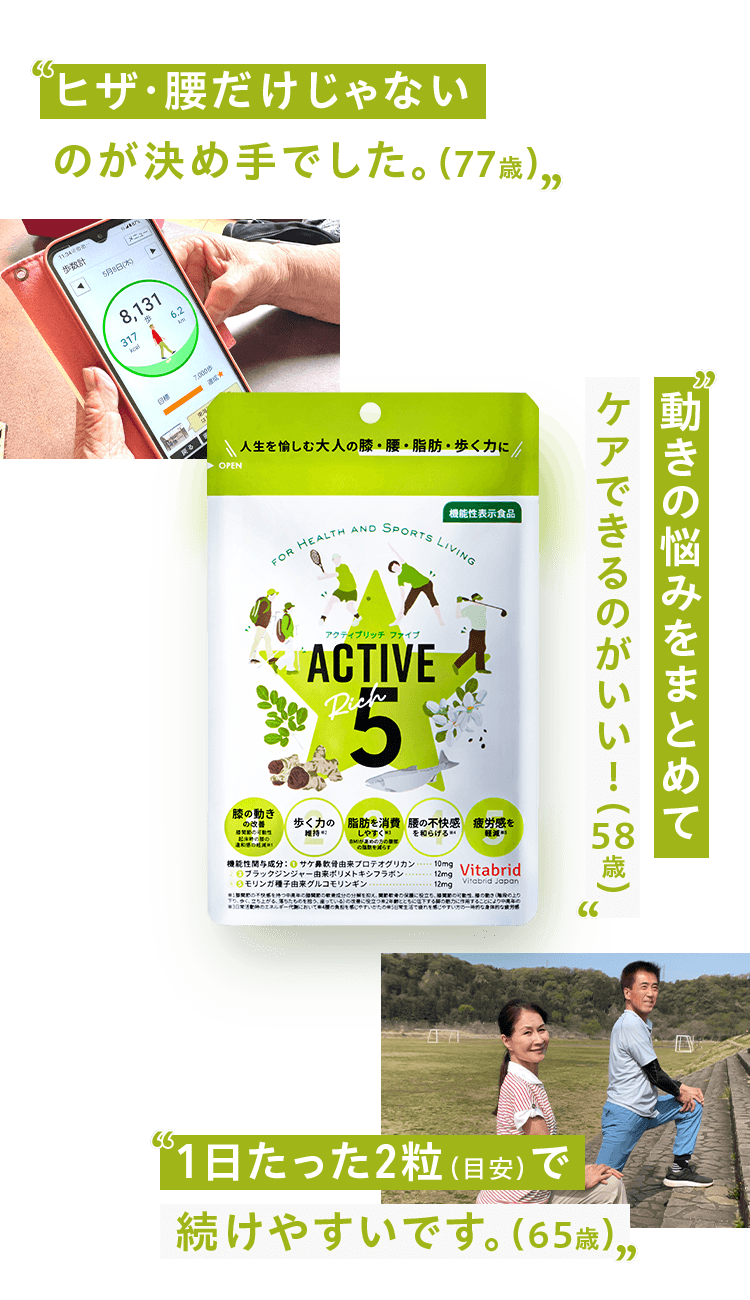 ヒザ・腰だけじゃない のが決め手でした。（77歳） 動きの悩みをまとめて ケアできるのがいい!（58歳）1日たった2粒（目安）で 続けやすいです。（65歳）