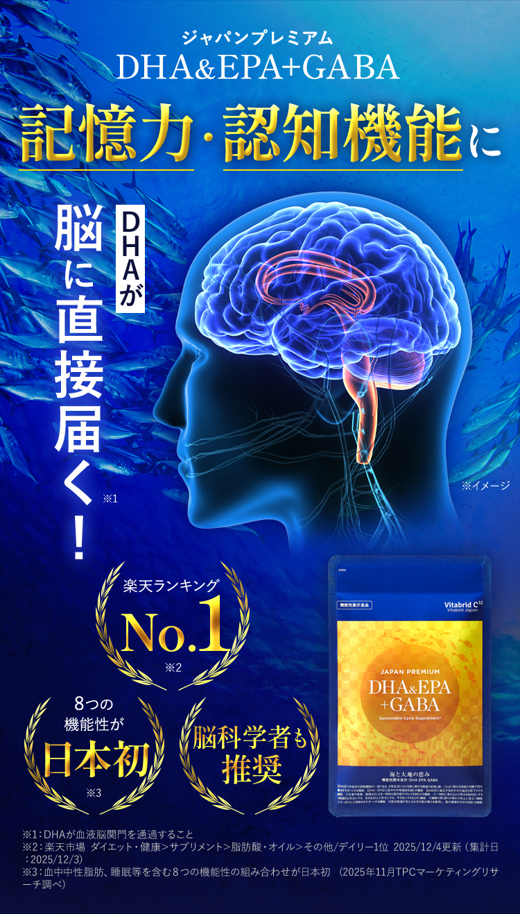 ジャパンプレミアムDHA&EPA+GABA記憶力・認知機能にDHAが脳に直接届く！ ※1：DHAが血液脳関門を通過すること※2：楽天市場 ダイエット・健康＞サプリメント＞脂肪酸・オイル＞その他/デイリー1位 2025/12/4更新（集計日：2025/12/3）※3：血中中性脂肪、睡眠等を含む８つの機能性の組み合わせが日本初 (2025年11月TPCマーケティングリサーチ調べ）楽天ランキングNo.1 ※1 8つの機能性が日本初※2 脳科学者も推奨 