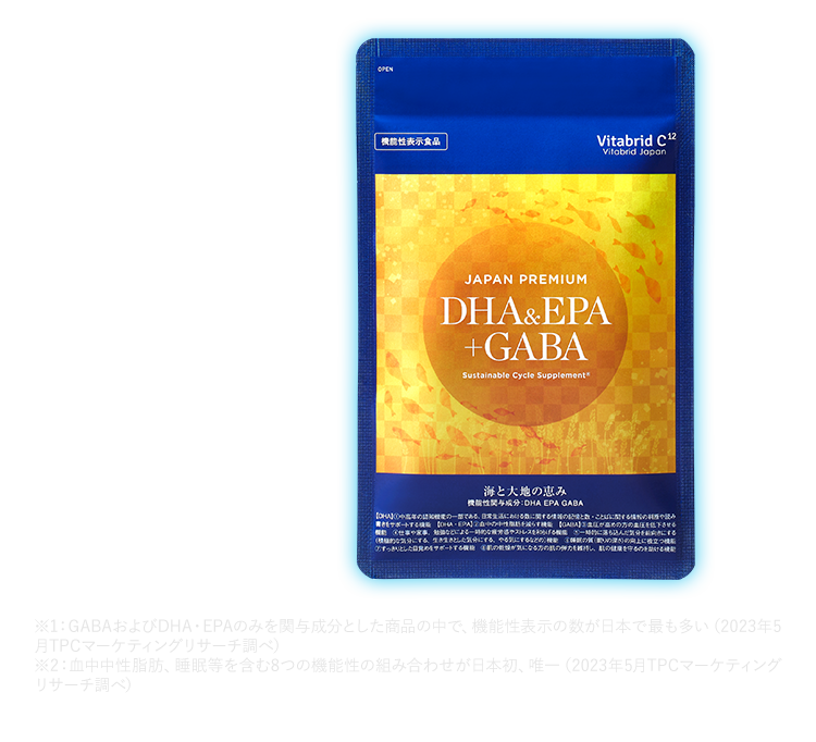 新発売　※1：GABAおよびDHA・EPAのみを関与成分とした商品の中で、機能性表示の数が日本で最も多い（2023年5月TPCマーケティングリサーチ調べ）	※2：血中中性脂肪、睡眠等を含む8つの機能性の組み合わせが日本初、唯一（2023年5月TPCマーケティングリサーチ調べ）