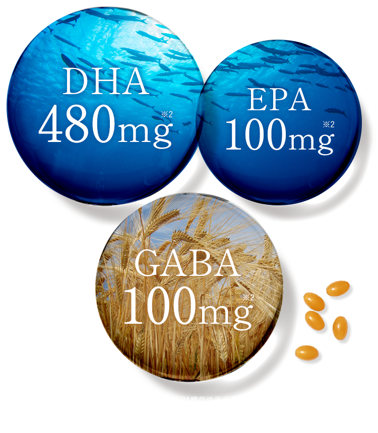 DHA480mg EPA100mg GABA100mg ※1　DHA・EPA機能性表示食品主要8商品の平均比較結果、1.42倍 出典：富士経済H･Bフーズマーケティング2019 機能志向食品※2　5粒あたり