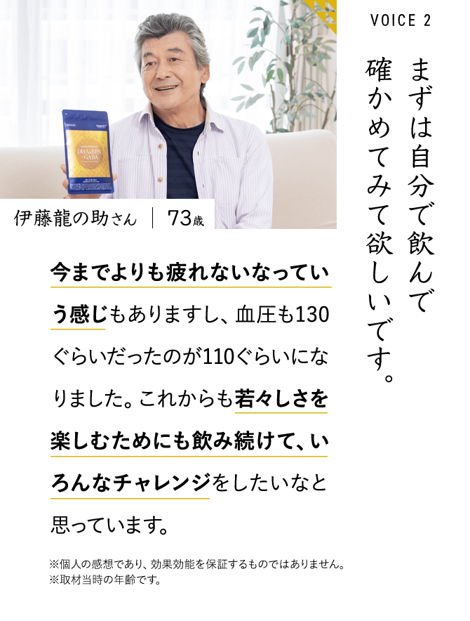 まずは自分で飲んで確かめてみて欲しいです。伊藤龍の助さん 今までよりも疲れないなっていう感じもありますし、血圧も130ぐらいだったのが110ぐらいになりました。これからも若々しさを楽しむためにも飲み続けて、いろんなチャレンジをしたいなと思っています。※個人の感想であり、効果効能を保証するものではありません。※取材当時の年齢です。