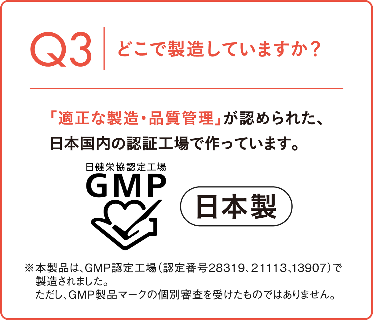 Q3 どこで製造していますか？ 「適正な製造・品質管理」が認められた、日本国内の認証工場で作っています。日健栄協認定工場GMP ※本製品は、GMP認定工場（認定番号28319、21113、13907）で製造されました。ただし、GMP製品マークの個別審査を受けたものではありません。