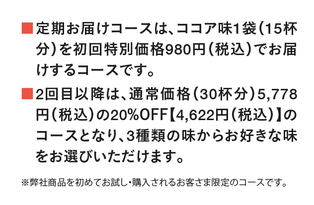 定期お届けコースは、ココア風味1袋（15杯分）を初回特別価格980円（税込）でお届けするコースです。2回目以降は、通常価格（30杯分）5,778円（税込）の20%OFF【4,622円（税込）】のコースとなり、3種類の味からお好きな味をお選びいただけます。※弊社商品を初めてお試し・購入されるお客様限定のコースです。