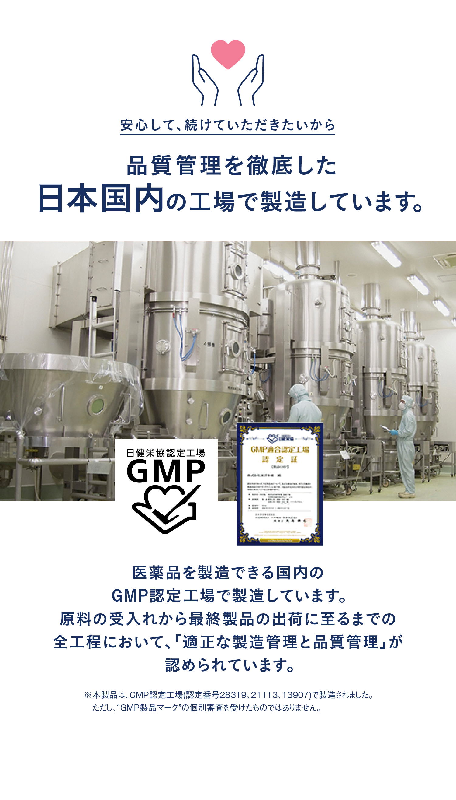 安心して続けていただきたいから品質管理を徹底した日本国内の工場で製造しています。医薬品を製造できるGMP認定工場で製造しています。原料の受け入れから最終製品の出荷に至るまでの全工程において、「適正な製造管理と品質管理」が認められています。※本製品はGMP認定工場（認定番号28319,21113,13907）で製造されました。ただし、GMP製品マークの個別審査を受けたものではありません。
