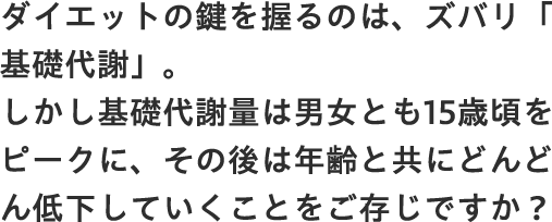 ダイエットの鍵を握るのは、ズバリ「基礎代謝」。しかし基礎代謝量は男女とも15歳頃をピークに、その後は年齢と共にどんどん低下していくことをご存じですか？