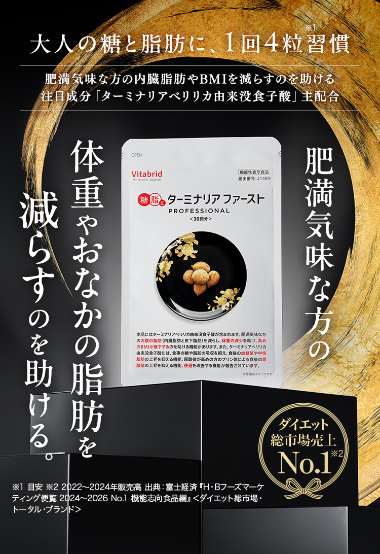 大人の糖と脂肪に、1回4粒習慣 ※1 肥満気味な方の内臓脂肪やBMIを減らすのを助ける 注目成分「ターミナリアベリリカ由来没食子酸」主配合 体重やおなかの脂肪を減らすのを助ける。 肥満気味な方 ダイエット総市場売上 No.1 ※2 ※1 目安 ※2 2022-2024年販売高 出典：富士経済「H・Bフーズマーケティング便覧 2024-2026 No.1 機能志向食品編」＜ダイエット総市場・トータル・ブランド＞