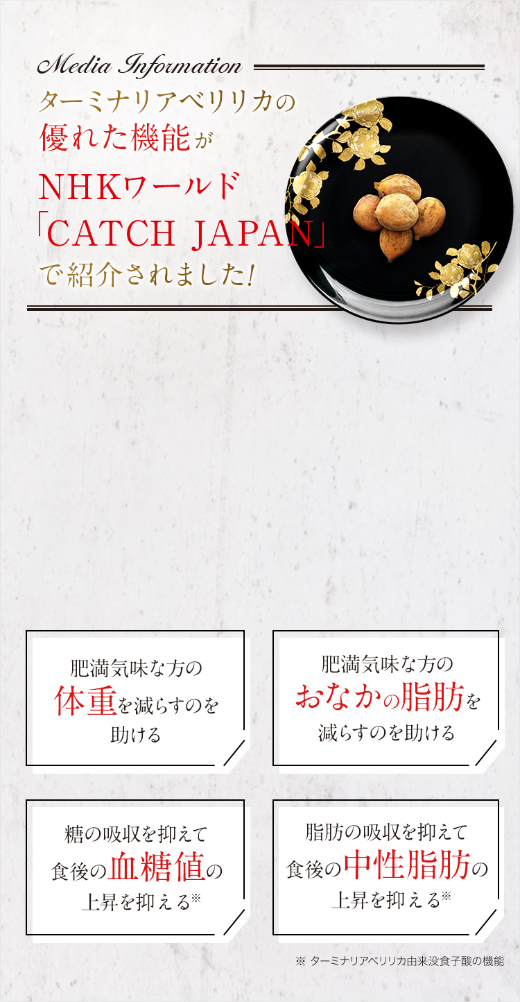 ターミナリアベリリカの優れた機能がNHKワールド「CATCH JAPAN」で紹介されました！肥満気味な方の体重を減らすのを助ける、肥満気味な方のおなかの脂肪を減らすのを助ける、糖の吸収を抑えて食後の血糖値の上昇を抑える*、脂肪の吸収を抑えて食後の中性脂肪の上昇を抑える* *ターミナリアベリリカ由来没食子酸の機能